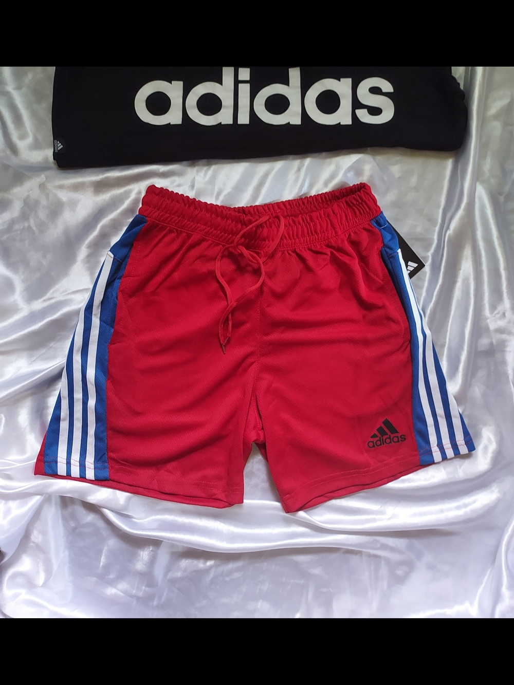 Men's Adidas Red Shorts with Blue and White Side Stripes